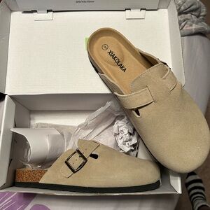 Beige Suede Slip-On Clogs